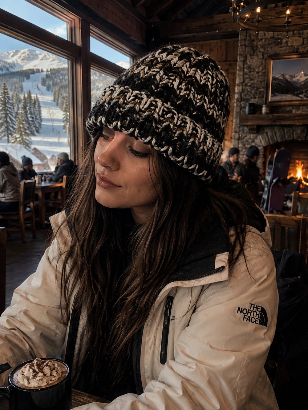 Handmade Knit Beanie Black White Gray Cozy Winter Ski Lodge
